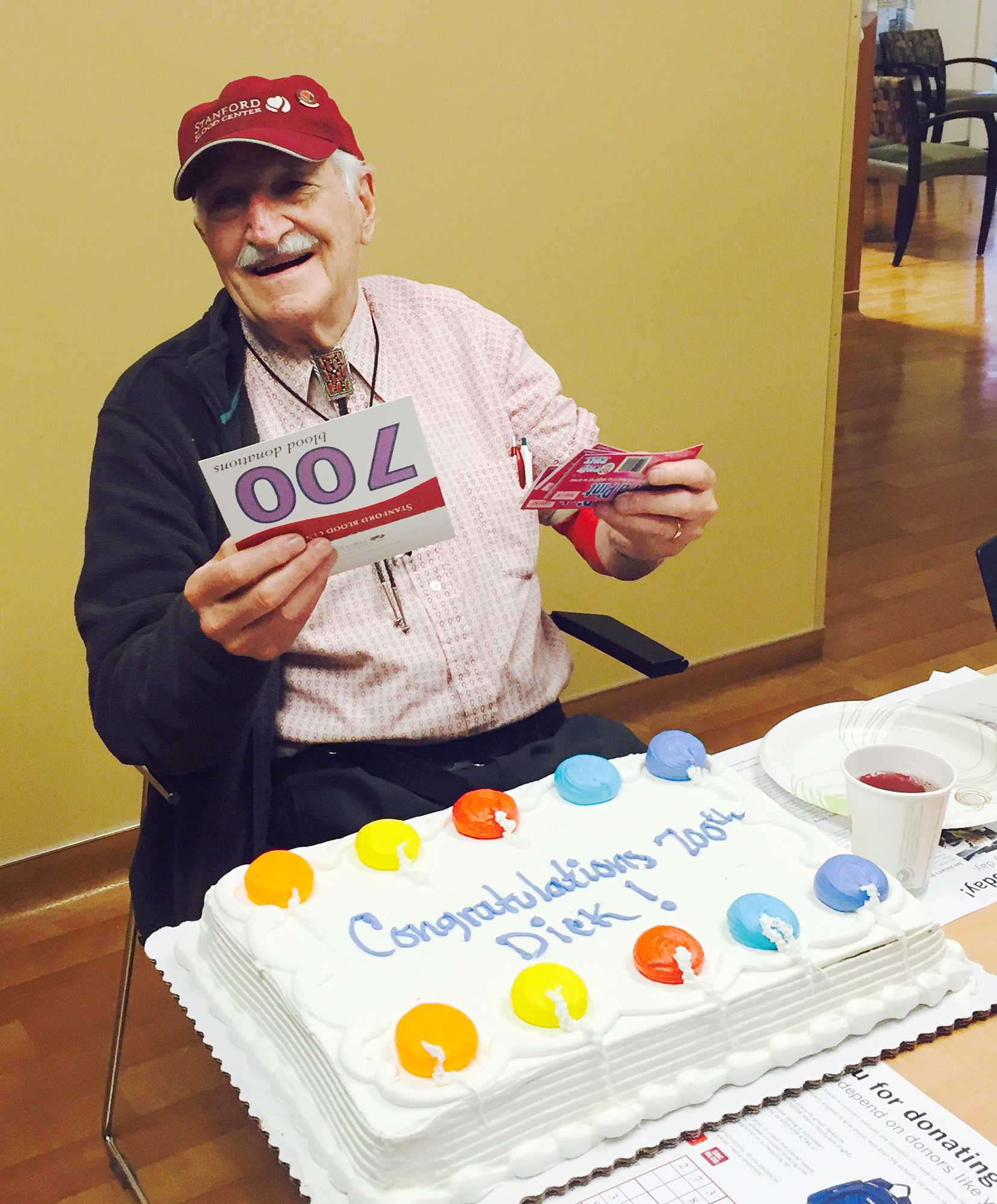 Devoted donor Alden “Dick” Tagg, one of the first donors to reach the 700 donation milestone at Stanford Blood Center!